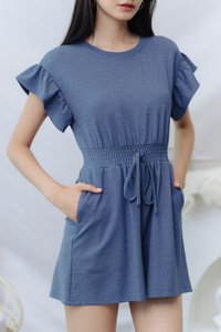 Zali Smocked Waist Cotton Romper in Denim Blue