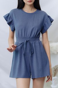 Zali Smocked Waist Cotton Romper in Denim Blue