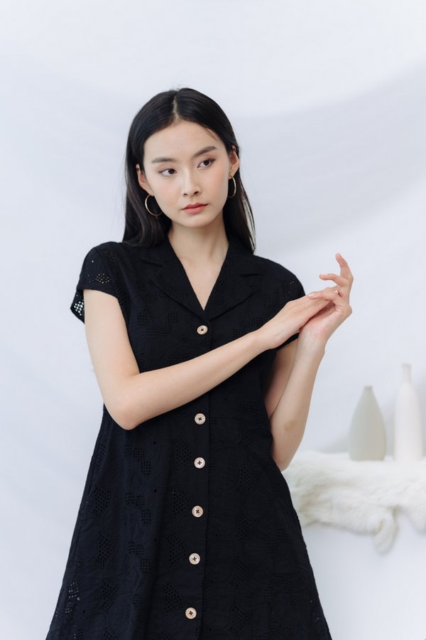 Odette Eyelet Collar Dress in Black