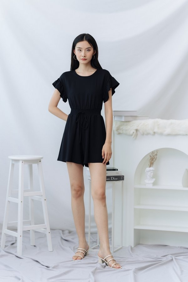 Zali Smocked Waist Cotton Romper in Black (XS)