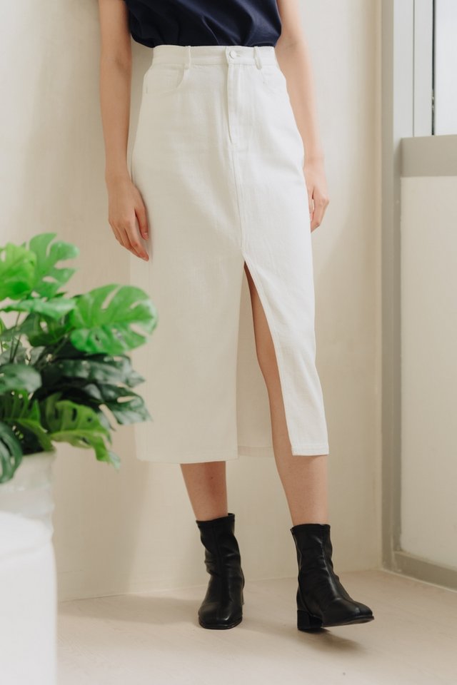 Bronte Front Slit Denim Maxi Skirt in White