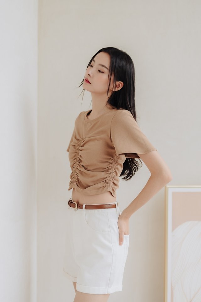 Lennon Ruched Cotton Top in Brown