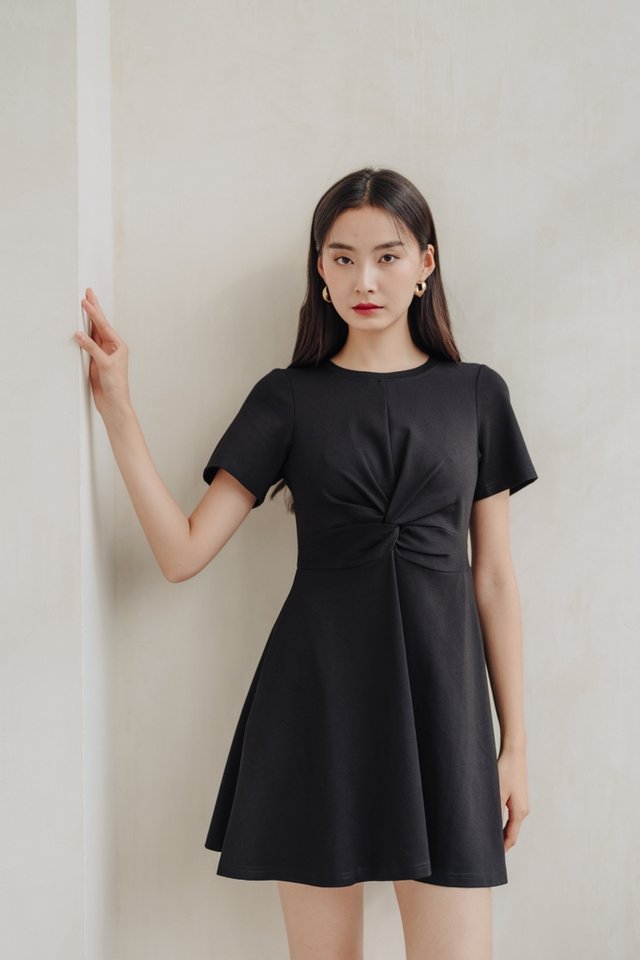 Adaline Twist Knot Cotton Dress in Black