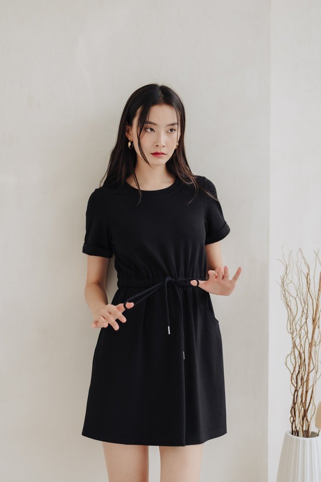 Hanna Drawstring Cotton Dress in Black