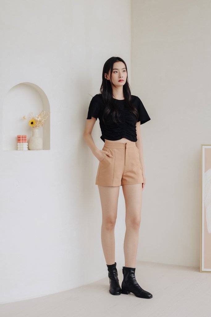 Lennon Ruched Cotton Top in Black (XS)