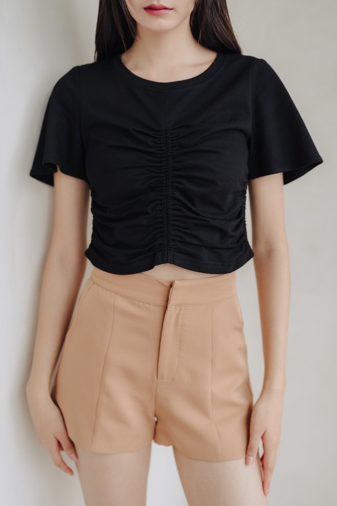 Lennon Ruched Cotton Top in Black (XS)