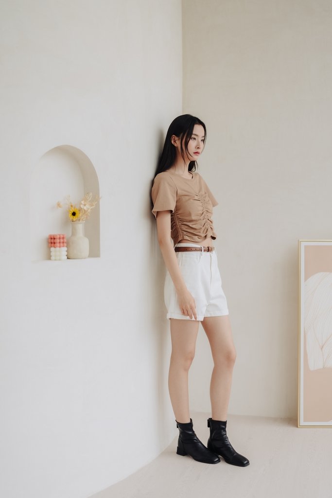 Lennon Ruched Cotton Top in Brown