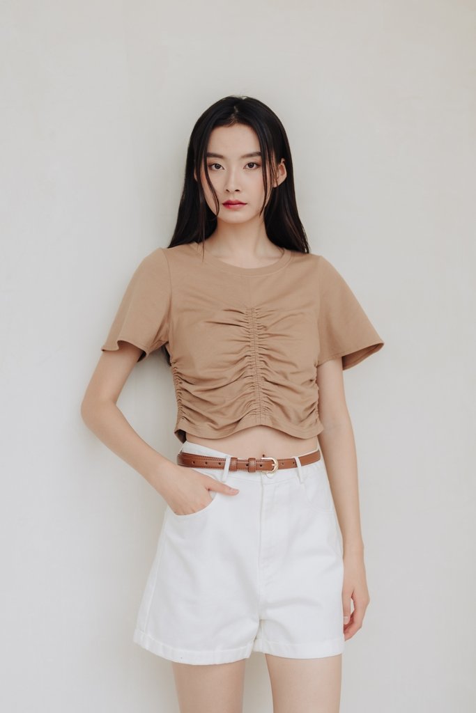 Lennon Ruched Cotton Top in Brown