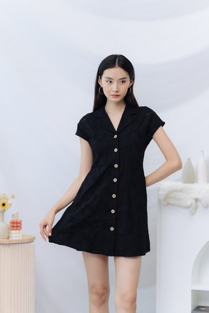 Odette Eyelet Collar Dress in Black