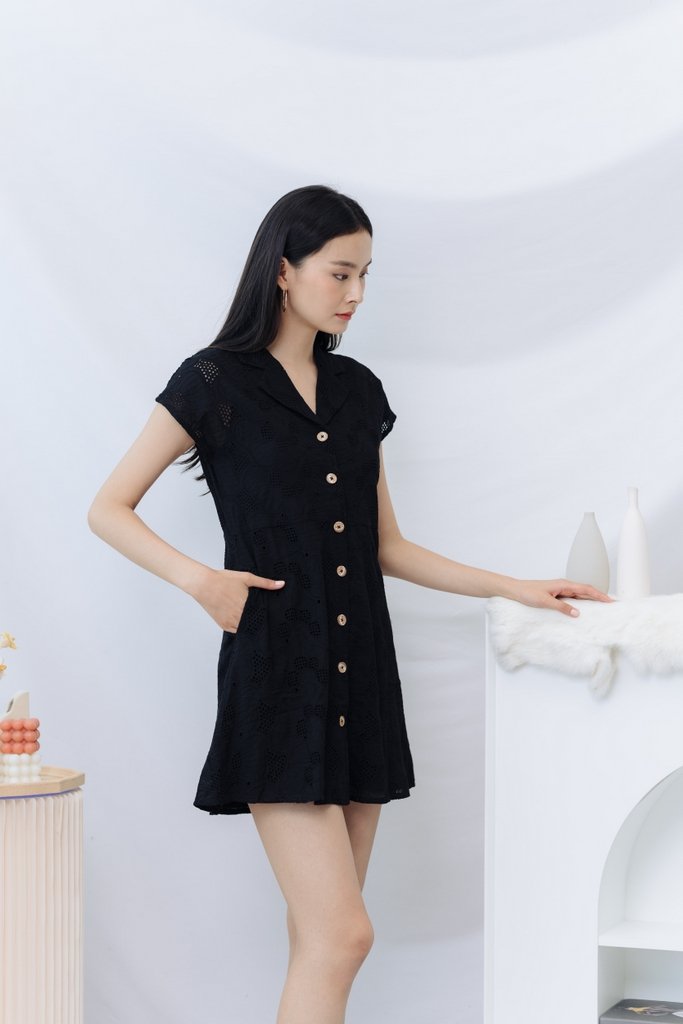 Odette Eyelet Collar Dress in Black