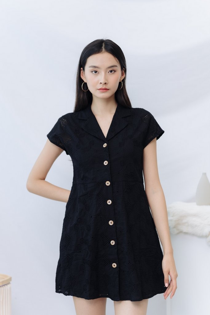 Odette Eyelet Collar Dress in Black