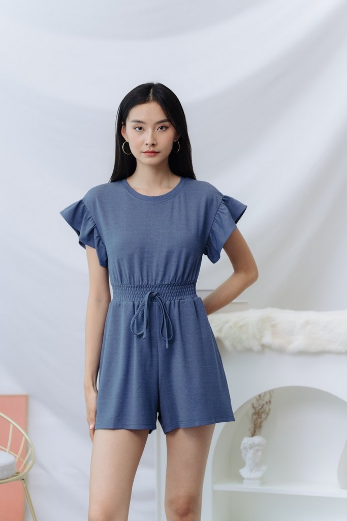 Zali Smocked Waist Cotton Romper in Denim Blue