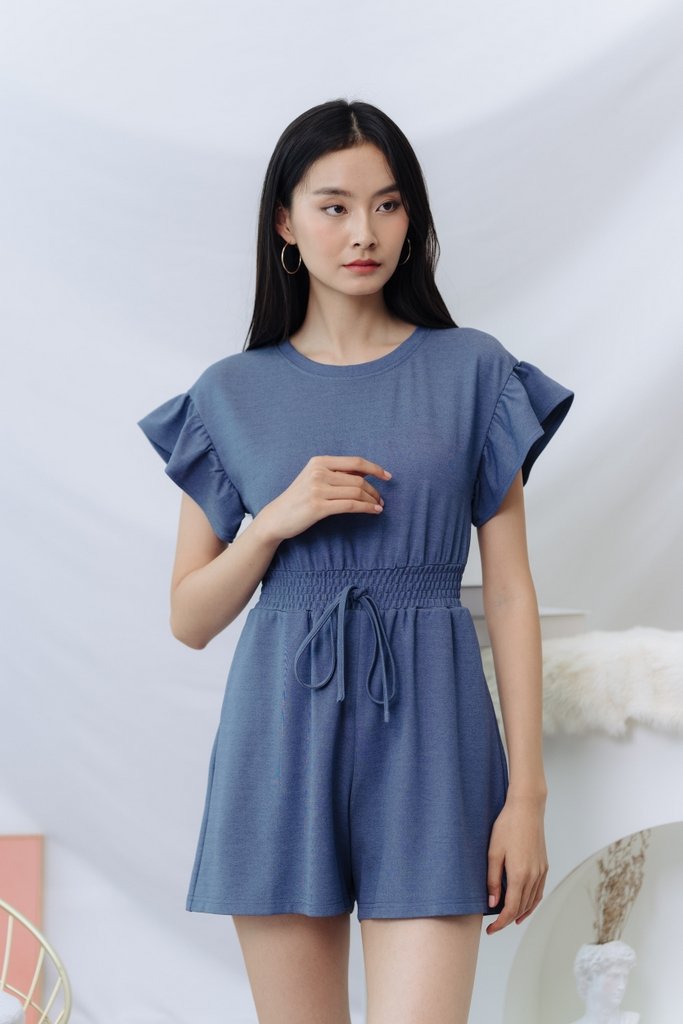 Zali Smocked Waist Cotton Romper in Denim Blue