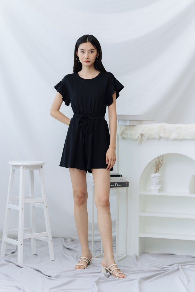 Zali Smocked Waist Cotton Romper in Black (XS)
