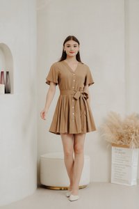Victoria Textured Buttons Dress in Khaki (XS)