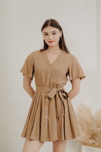 Victoria Textured Buttons Dress in Khaki (XS)