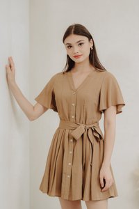 Victoria Textured Buttons Dress in Khaki (XS)