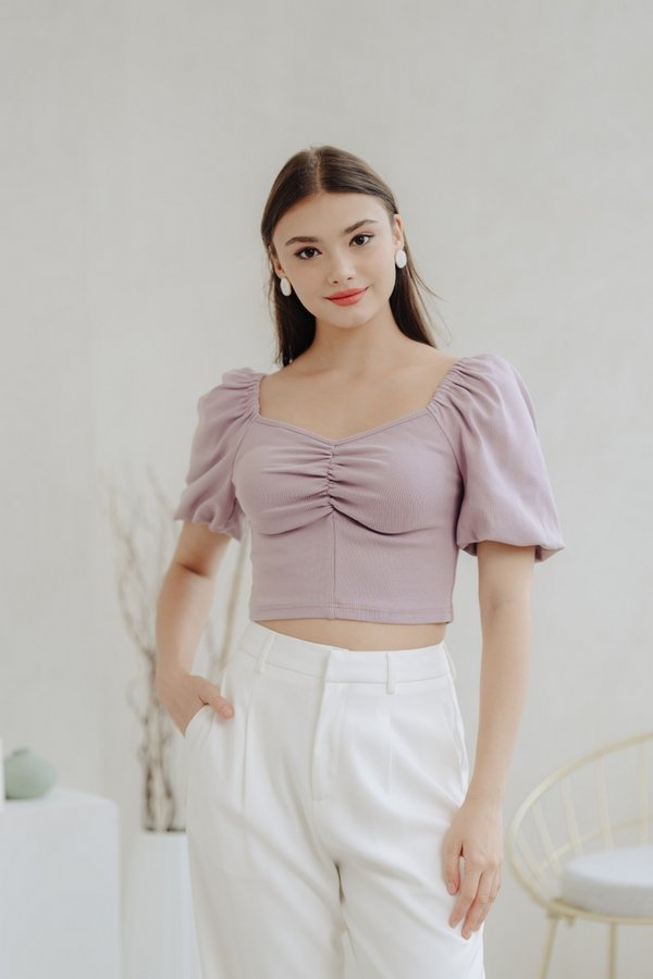 Ariel Ruched Ribbed Crop Top in Lavender (XS)