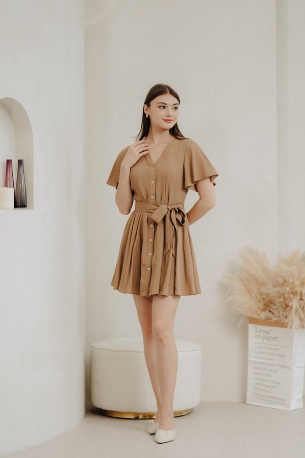 Victoria Textured Buttons Dress in Khaki (XS)