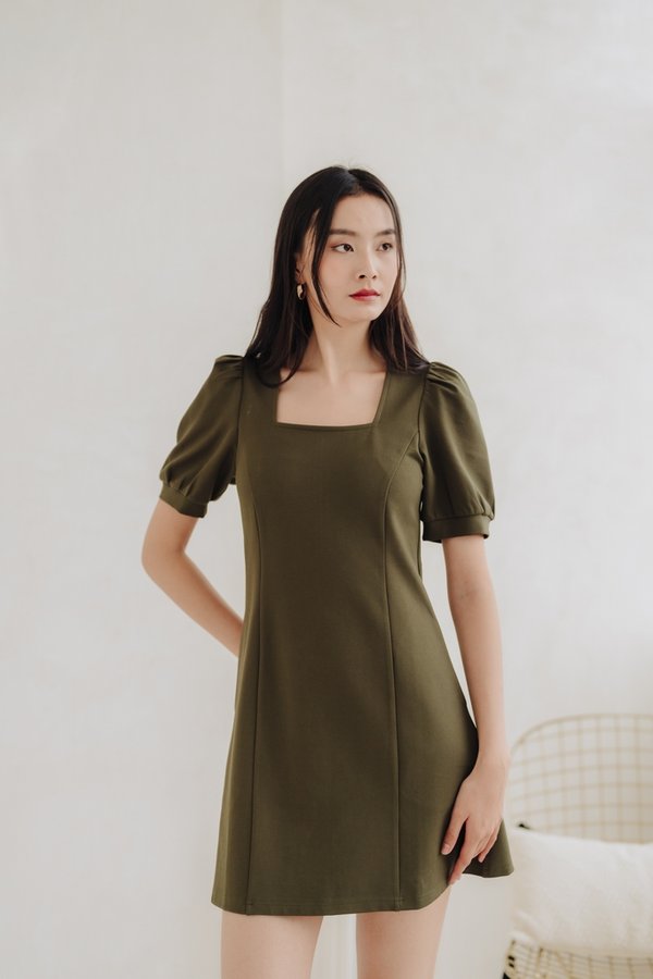 Alisa Square Neck Cotton Dress in Olive (XS)