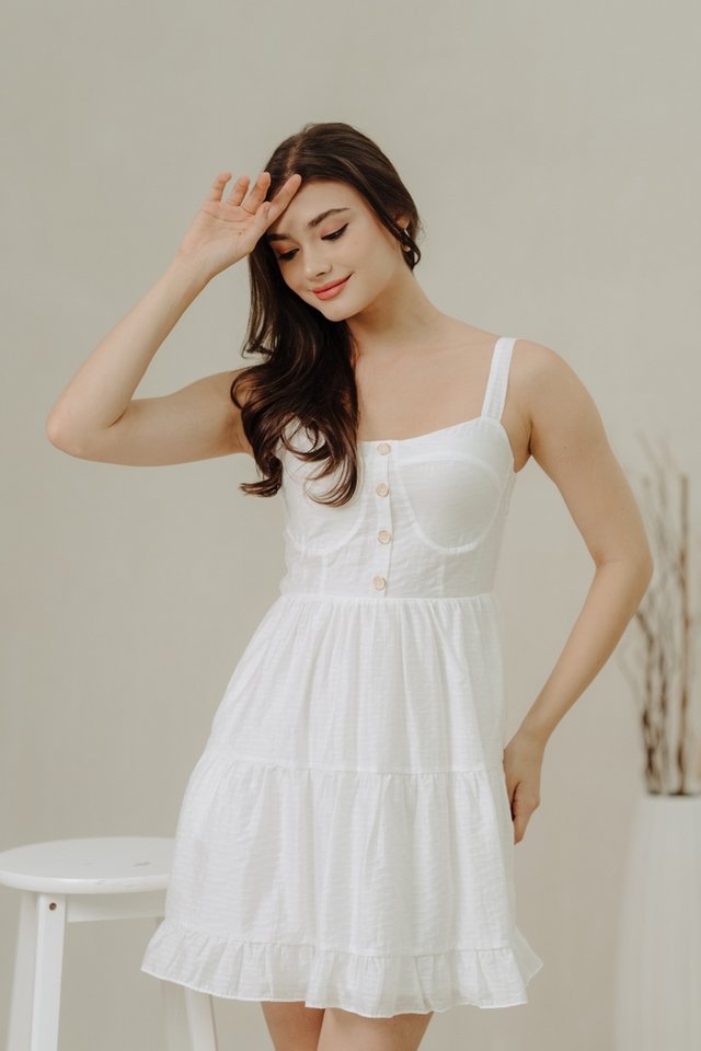 Lisa Button Textured Dress in White