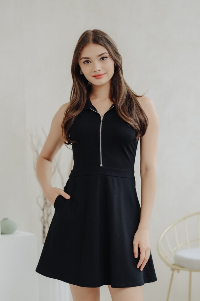 Sienna Front Zip Collared Dress in Black