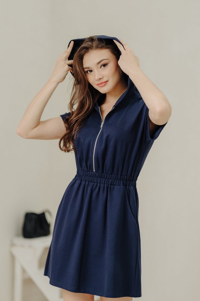 Aurora Front Zipper Hoodie Dress in Navy (M)