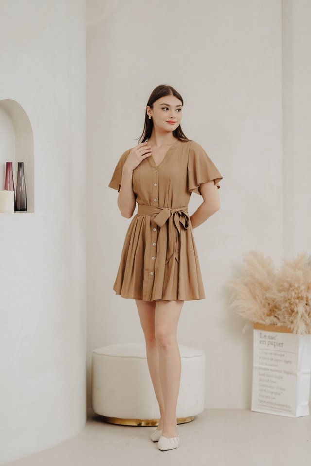 Victoria Textured Buttons Dress in Khaki