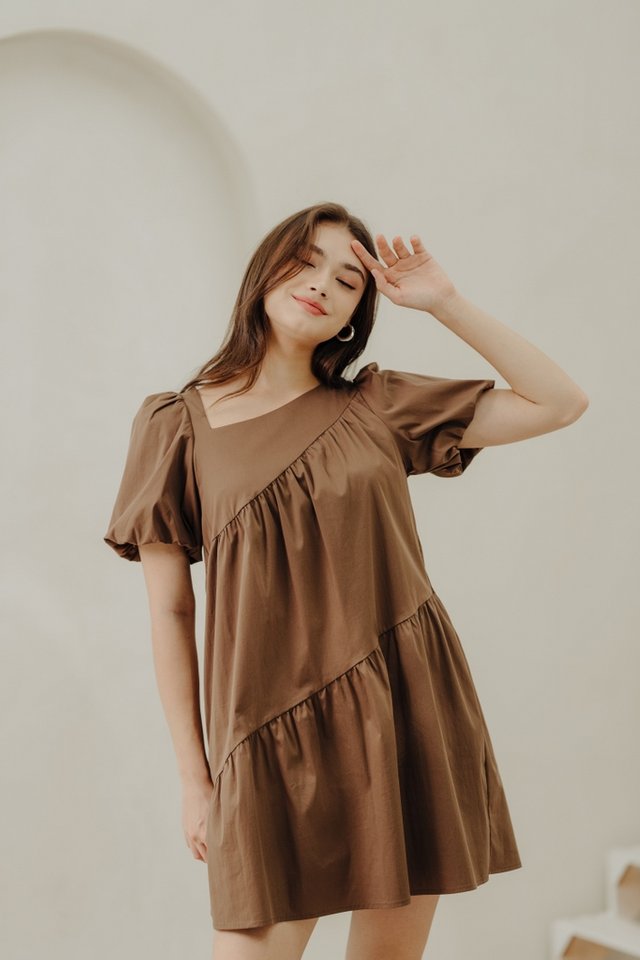 Avery Diagonal Tiered Dress in Brown