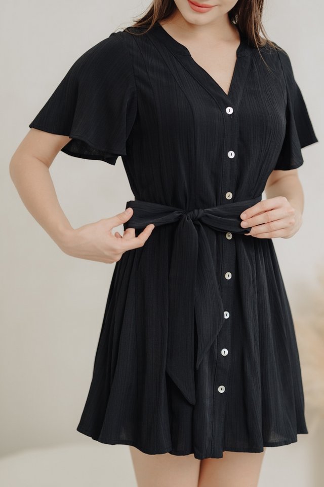 Victoria Textured Buttons Dress in Black