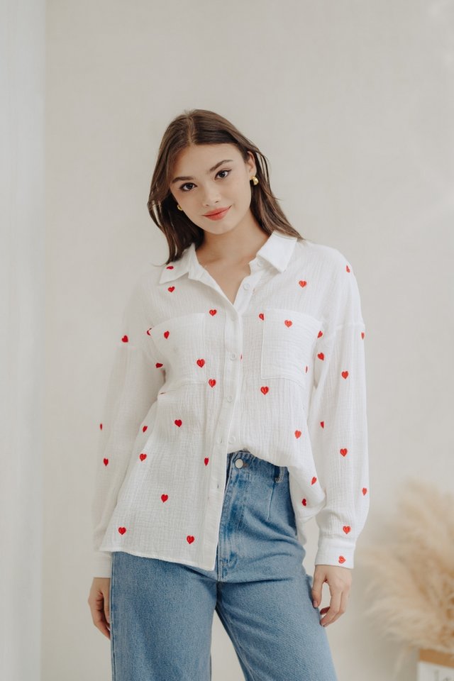 Rubie Hearts Embroidered Shirt in White