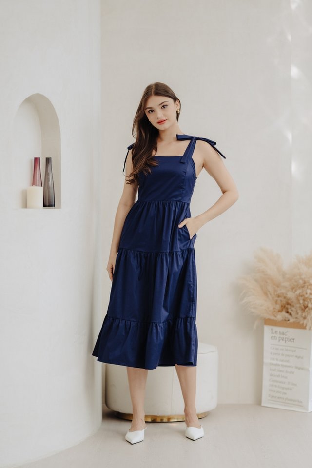 Delilah Tie Ribbon Tiered Maxi Dress in Navy
