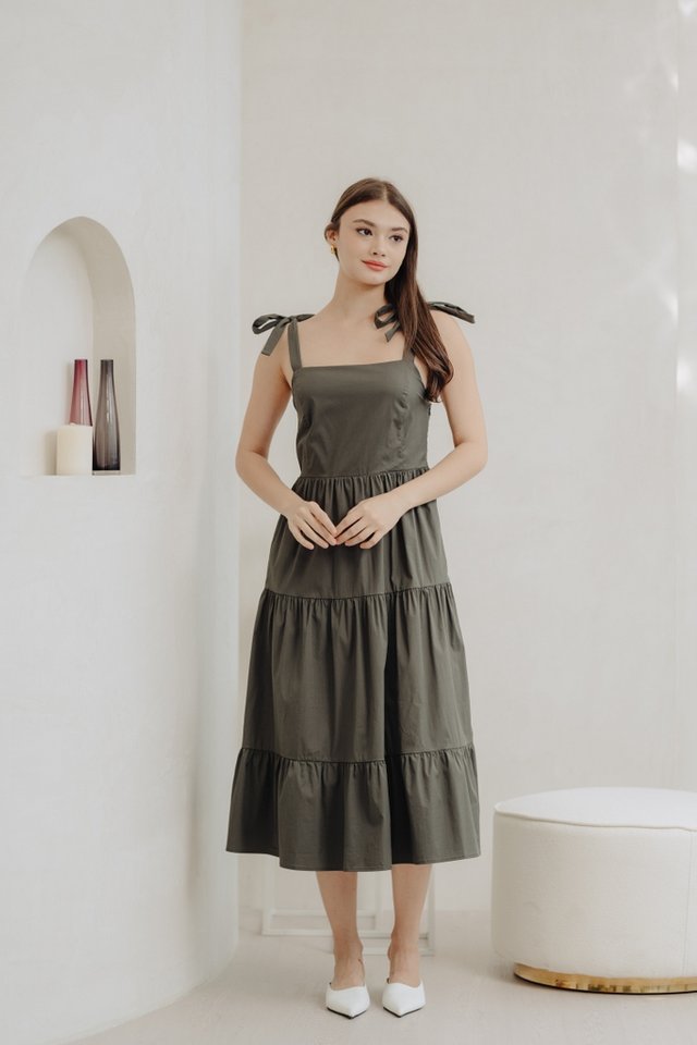 Delilah Tie Ribbon Tiered Maxi Dress in Olive