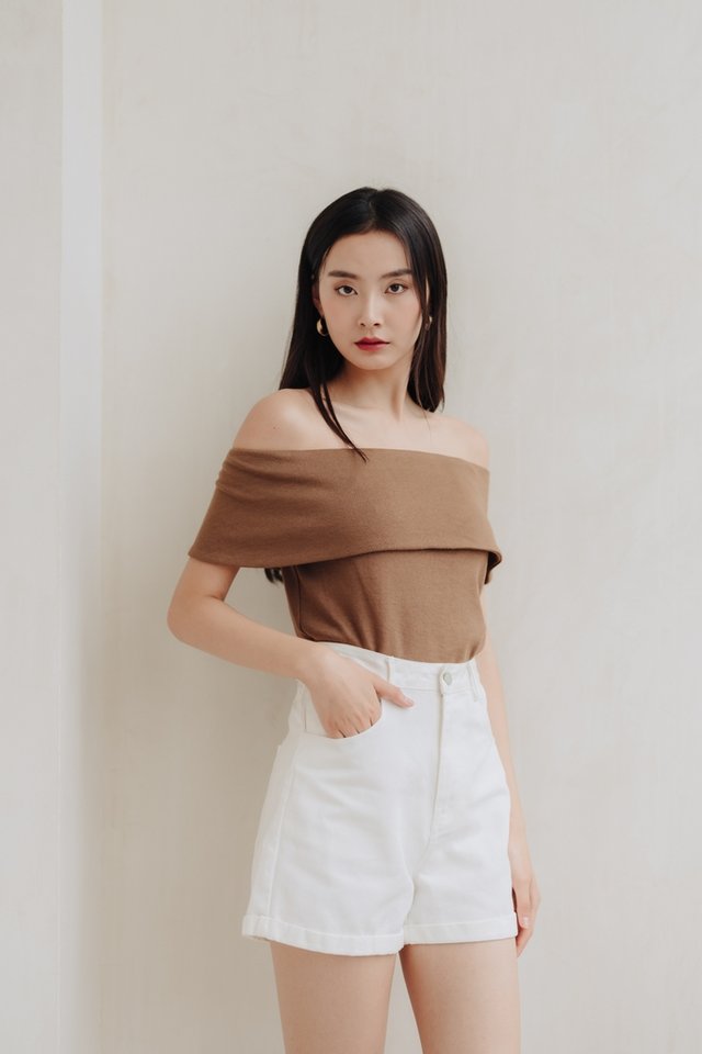 Lucia Off Shoulder Knit Top in Brown