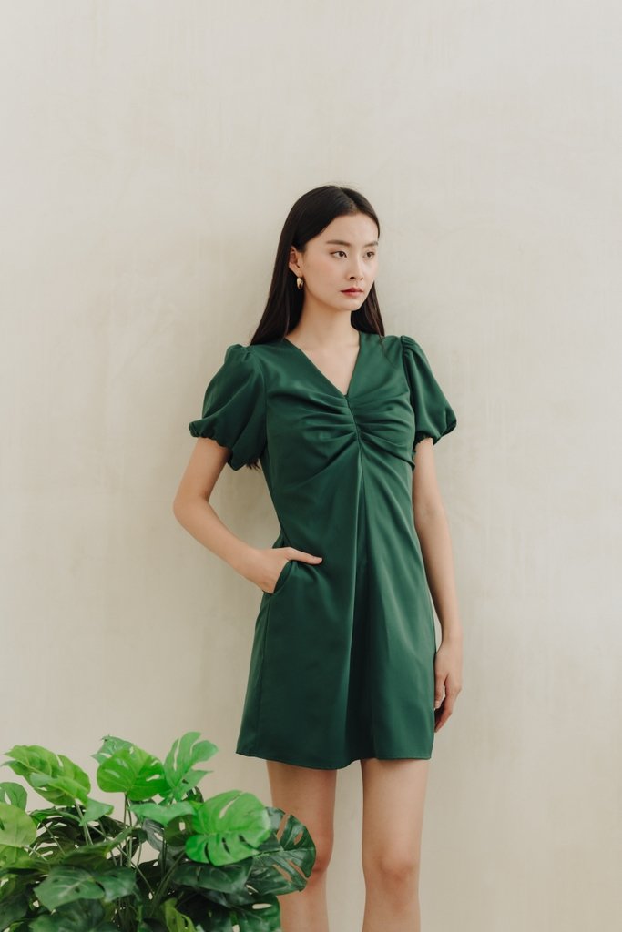 Ollie Ruched Sleeves Dress in Forest (XS)