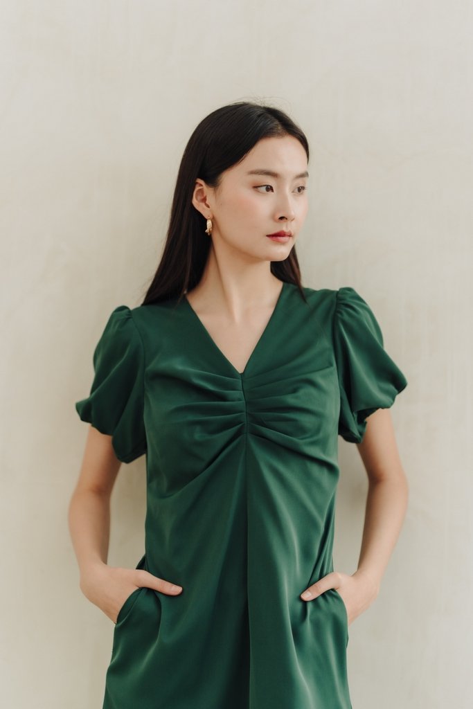 Ollie Ruched Sleeves Dress in Forest (XS)