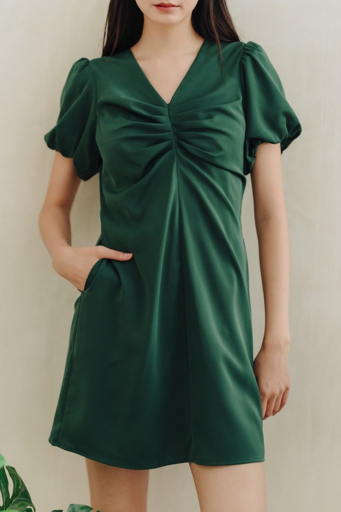Ollie Ruched Sleeves Dress in Forest (XS)