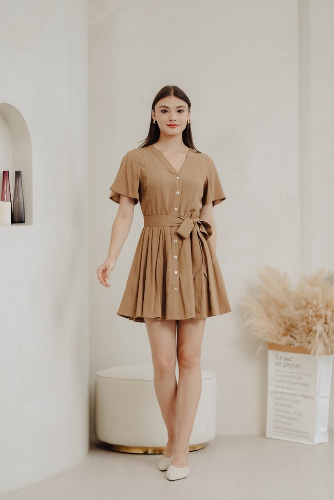 Victoria Textured Buttons Dress in Khaki (XS)