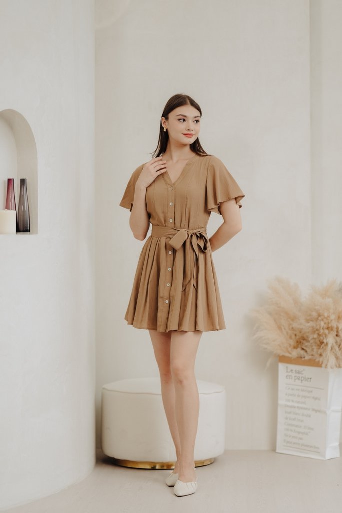 Victoria Textured Buttons Dress in Khaki (XS)