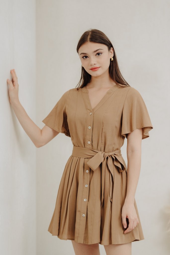 Victoria Textured Buttons Dress in Khaki (XS)