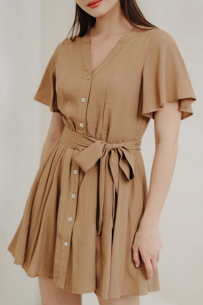 Victoria Textured Buttons Dress in Khaki (XS)