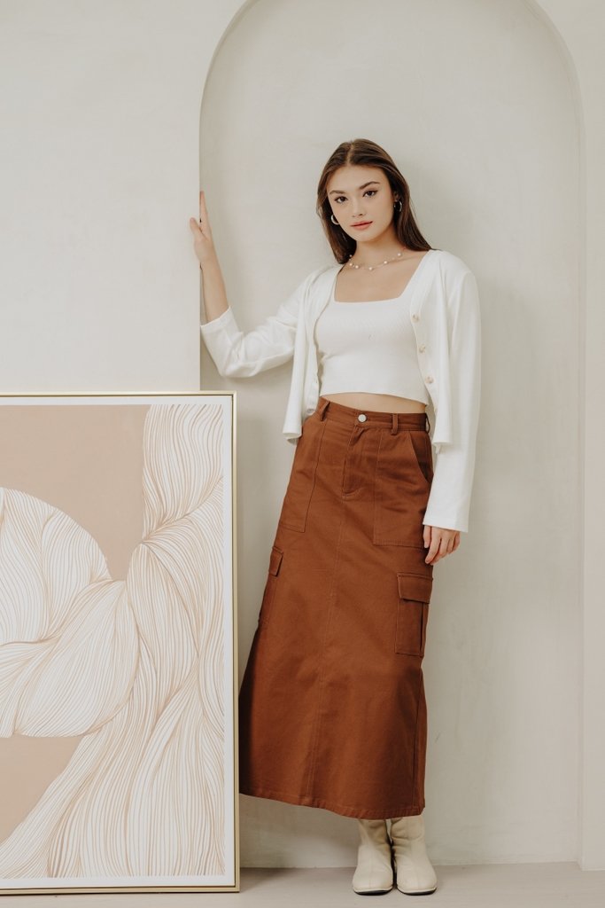 Maya Cargo Maxi Skirt in Brick Brown (XS)