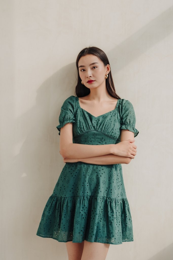 Marsha Eyelet Dress in Forest (XS)