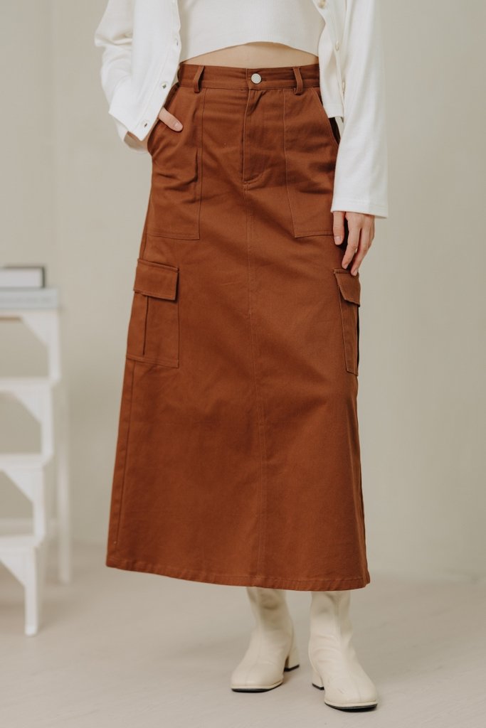 Maya Cargo Maxi Skirt in Brick Brown (XS)