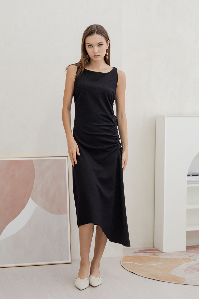 Gisele Side Ruched Asymmetrical Dress in Black Gisele Side Ruched Asymmetrical Dress in Black