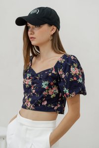 Jasmine Floral Ruched Crop Top in Navy