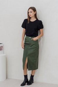 Lexley Denim Midi Skirt in Olive (XS)