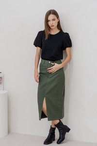 Lexley Denim Midi Skirt in Olive (XS)