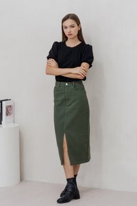 Lexley Denim Midi Skirt in Olive (XS)