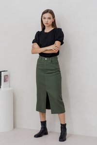 Lexley Denim Midi Skirt in Olive (XS)
